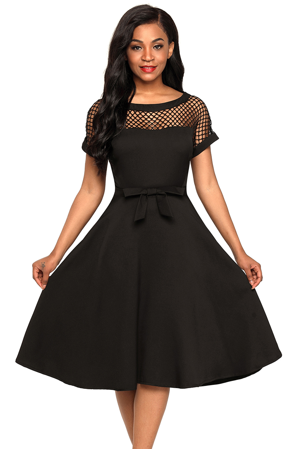 BY61862-2 Fishnet Insert Black Bowknot Embellished Dress